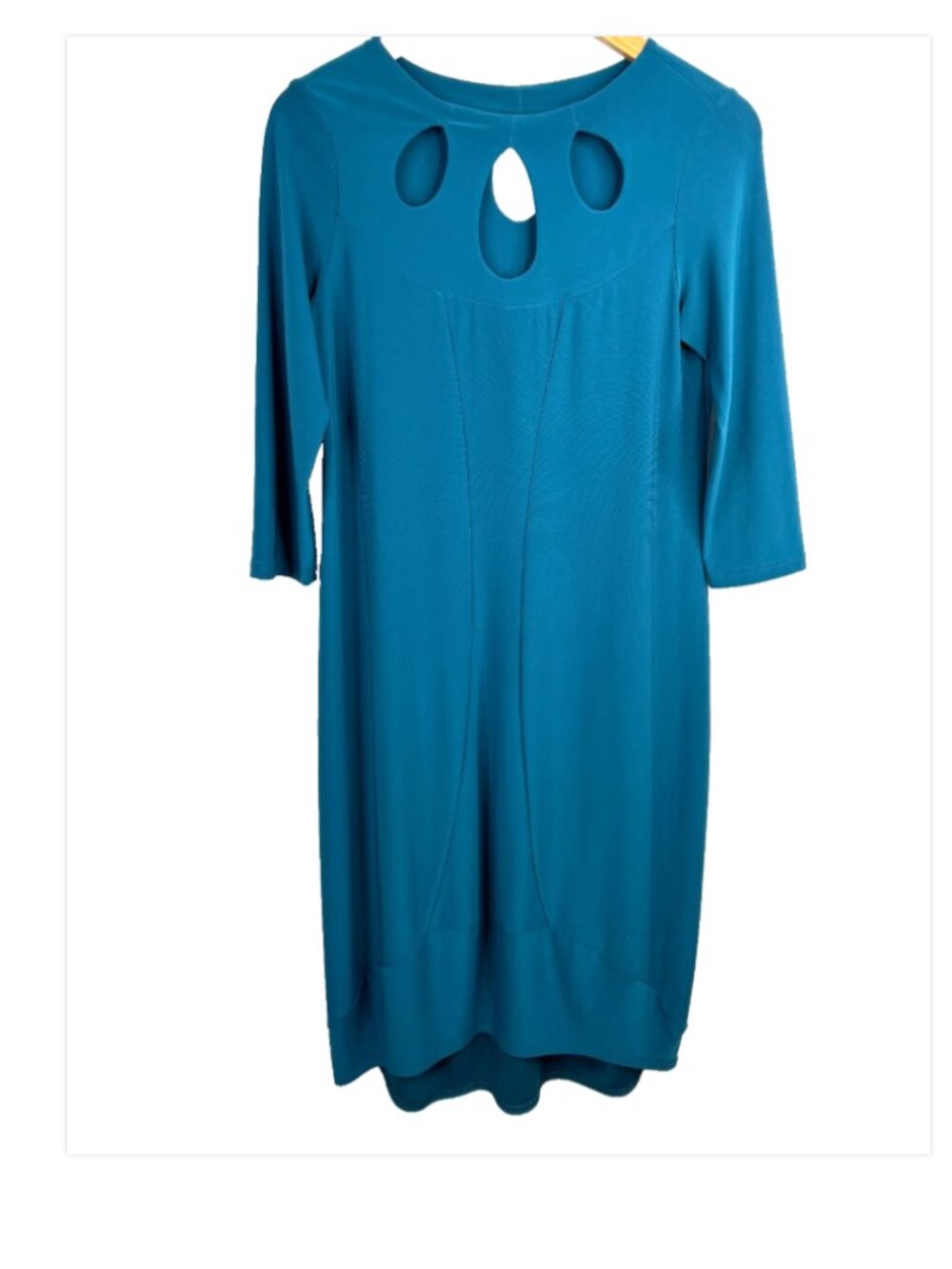 Sympli Teal Blue Keyhole Neckline Dress 8 Minimalist Stretch Travel 3/4 Sleeve